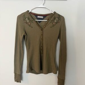 Tommy Hilfiger Olive Green Embroidered Ribbed Henley Long Sleeve Top
